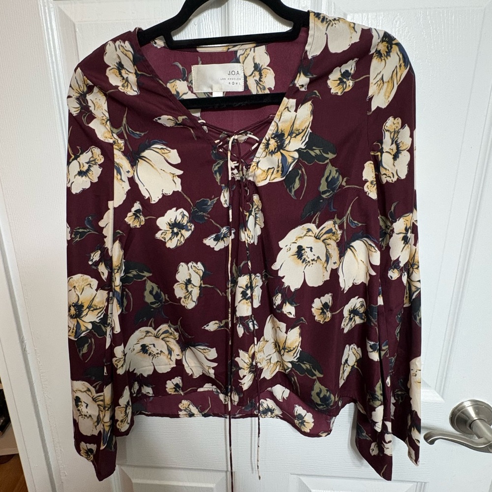 J.O.A. Burgundy and Cream Floral Top